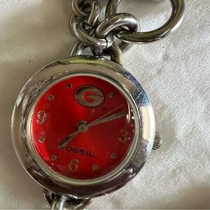 Fossil Red silver tone Georgia Bulldogs college UGA charm Watch Bracelet